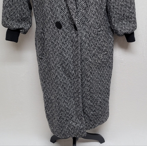80s Vintage Black Gray Herringbone Wool Balloon Sleeve Longline Trench Coat XL - Picture 6 of 13
